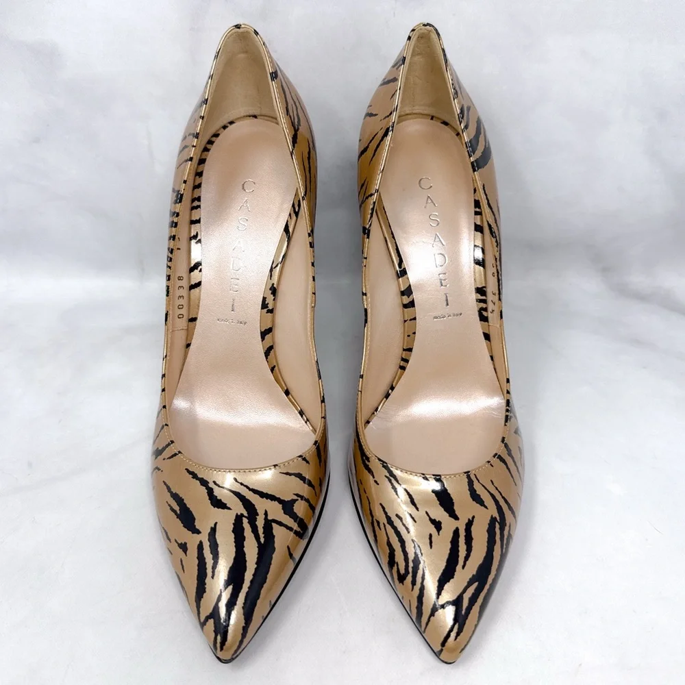 NEW Casadei Vintage Y2K Tiger Patent Leather Pointed Toe Wedge Heel Pumps Retro